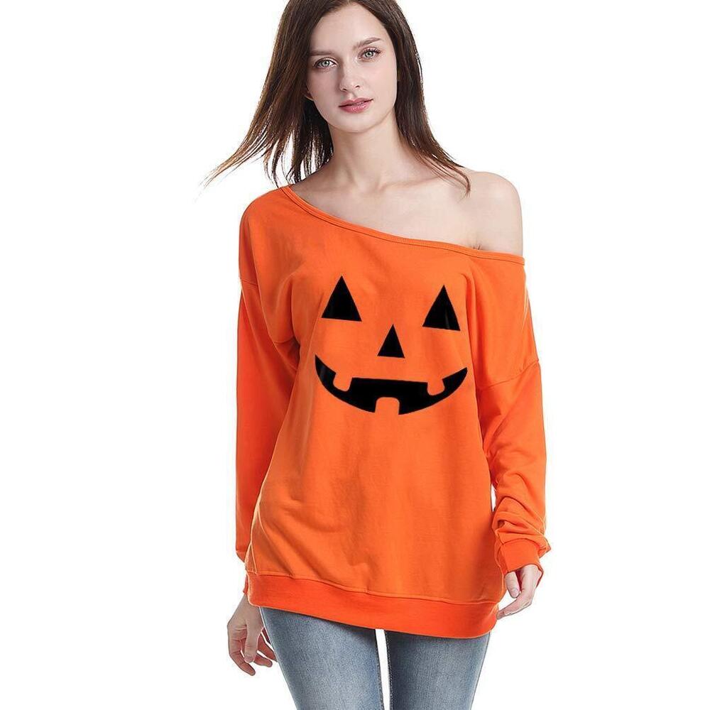 5216 Sexy Off The Shoulder Halloween Pumpkin Sweatshirts Pullover Costumes